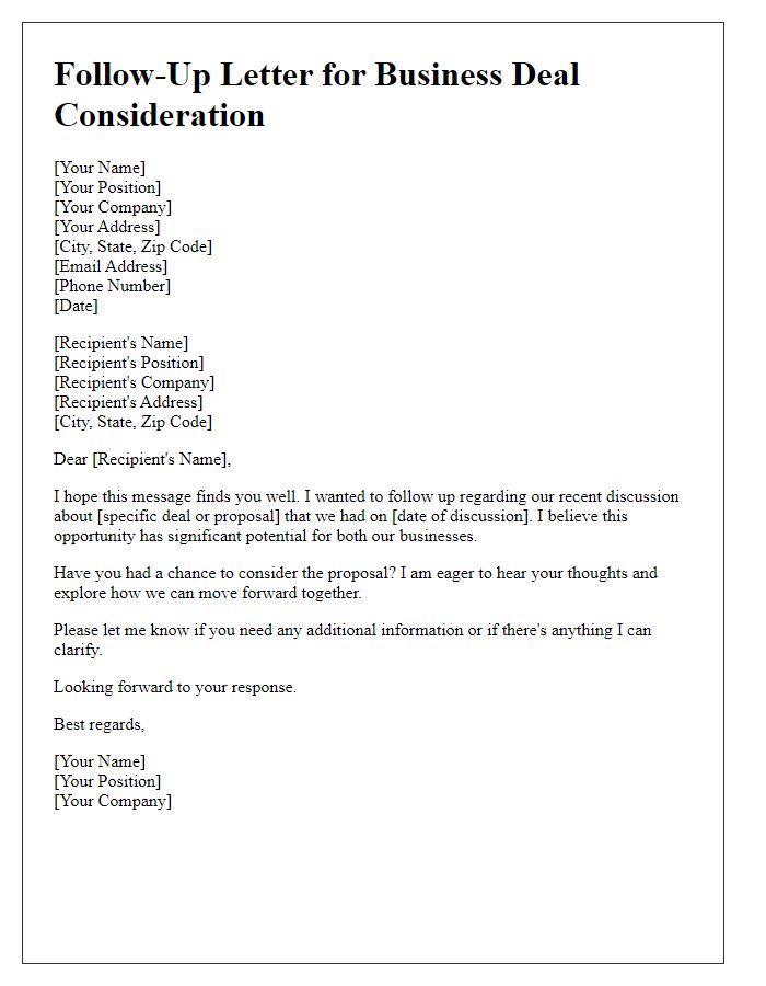 Letter template of follow-up for business deal consideration