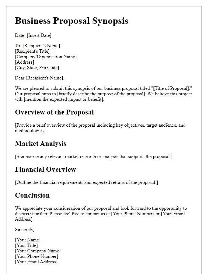 Letter template of synopsis for evaluating business proposals