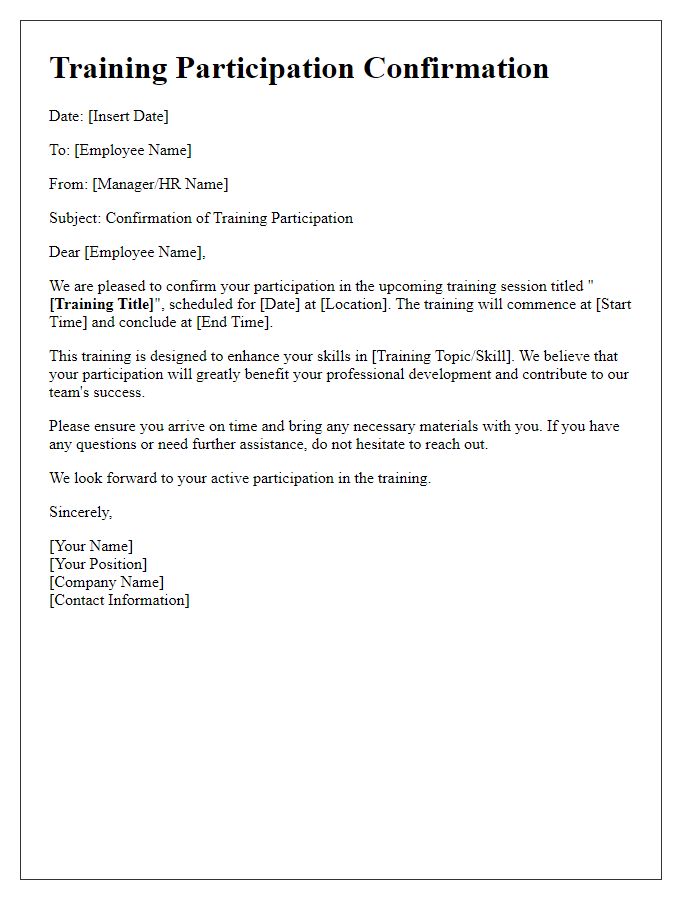 Letter template of confirmation for employee training participation