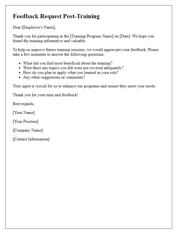 Letter template of feedback request post-employee training