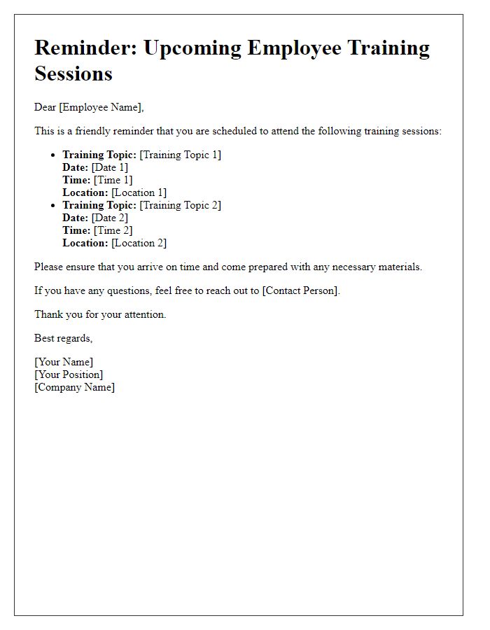 Letter template of reminder for upcoming employee training sessions