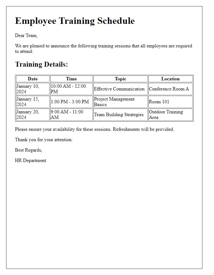 Letter template of training schedule details for employees