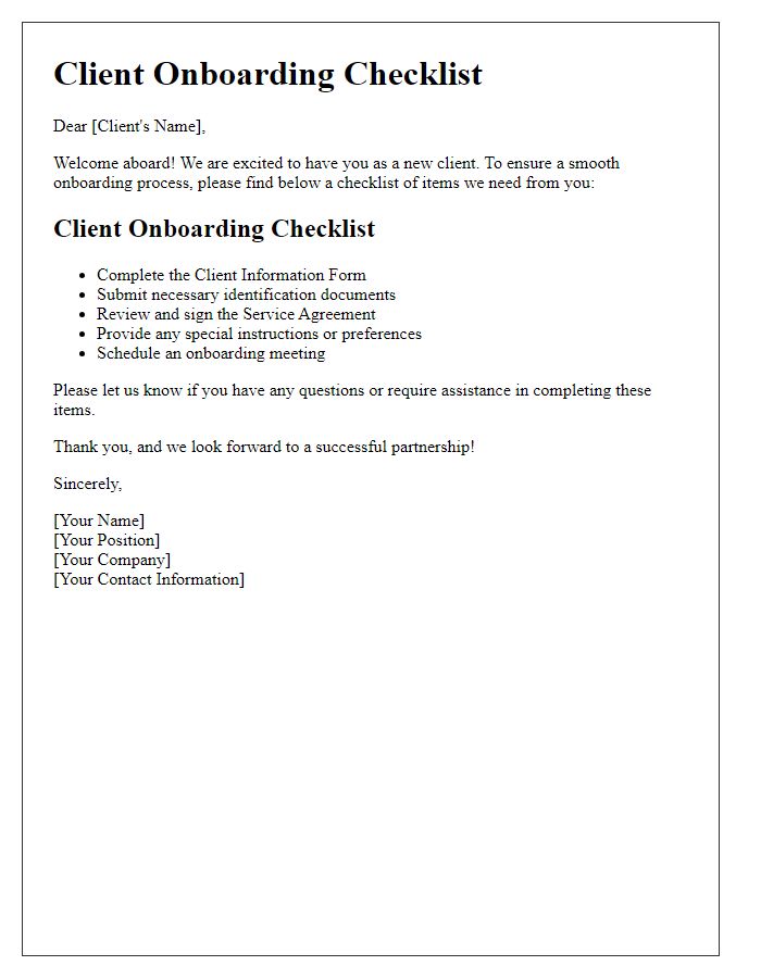 Letter template of client onboarding checklist