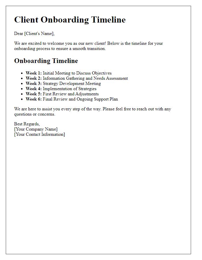 Letter template of client onboarding timeline