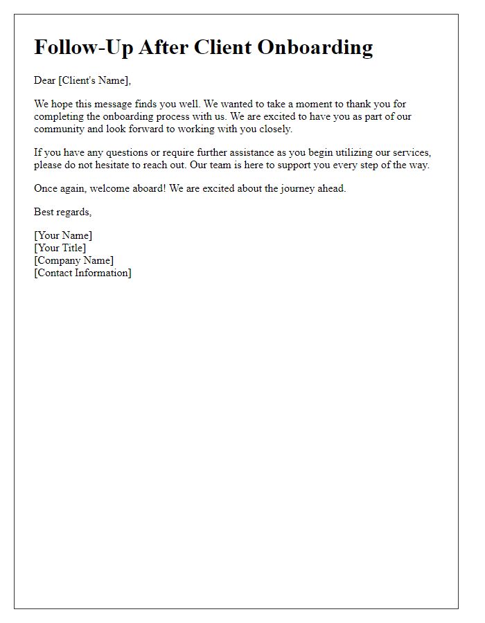 Letter template of follow-up after client onboarding completion