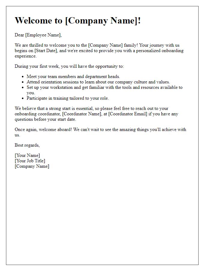 Letter template of personalized onboarding experience