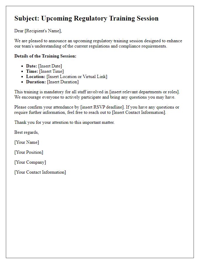 Letter template of communication for regulatory training.