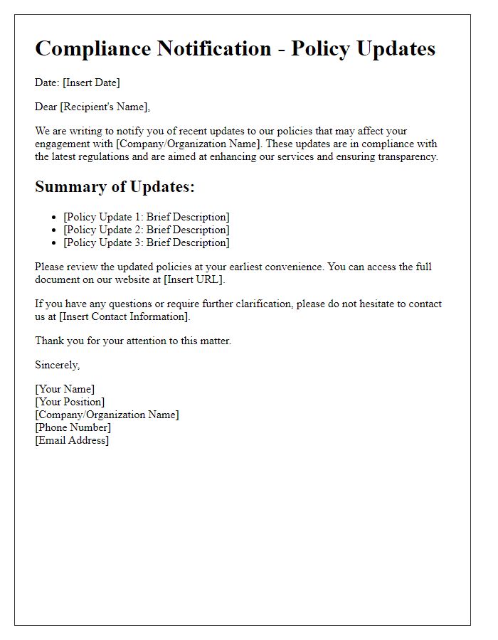 Letter template of compliance notification for policy updates.