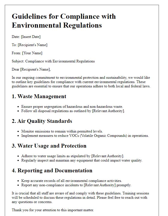 Letter template of guidelines for environmental regulations.