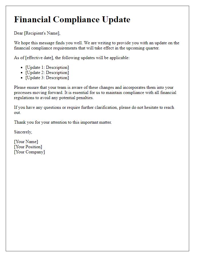 Letter template of update on financial compliance requirements.