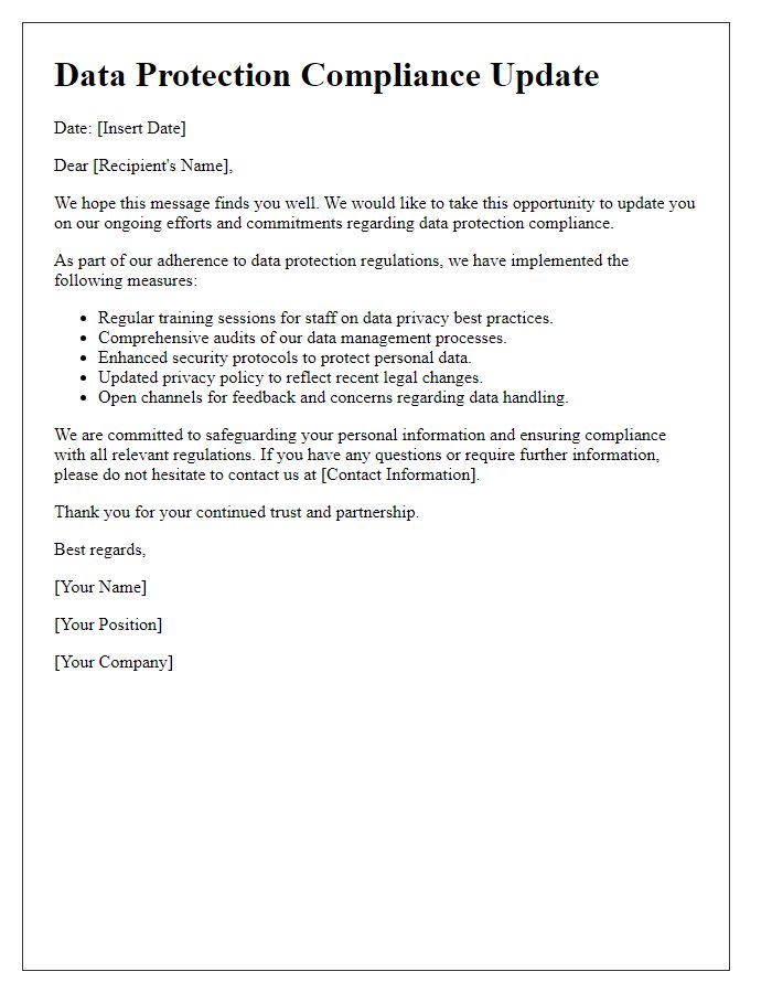 Letter template of updates on data protection compliance.