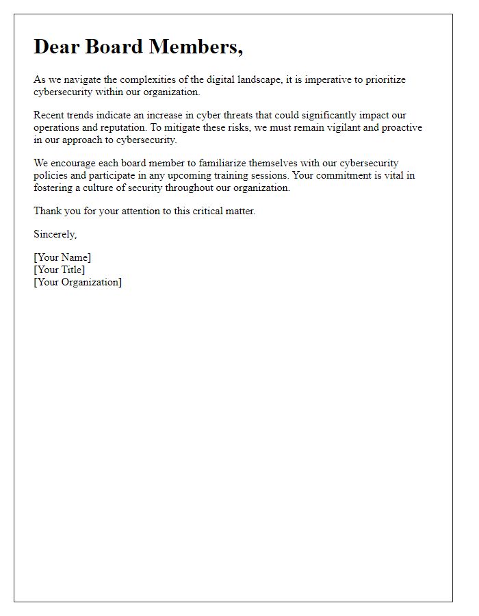 Letter template of cybersecurity awareness for board members.