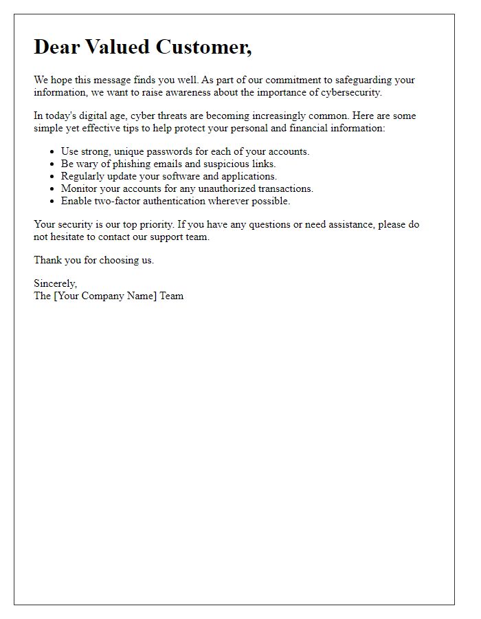 Letter template of cybersecurity awareness for customers.