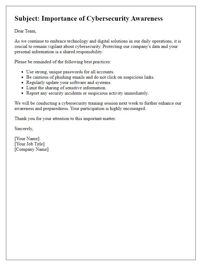 Letter template of cybersecurity awareness for employees.