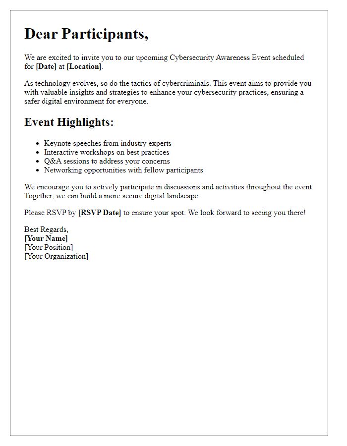 Letter template of cybersecurity awareness for event participants.