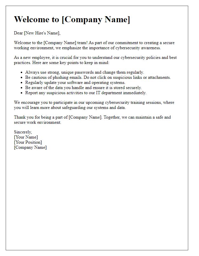 Letter template of cybersecurity awareness for new hires.