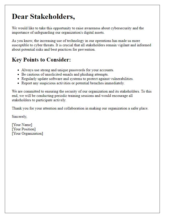 Letter template of cybersecurity awareness for stakeholders.