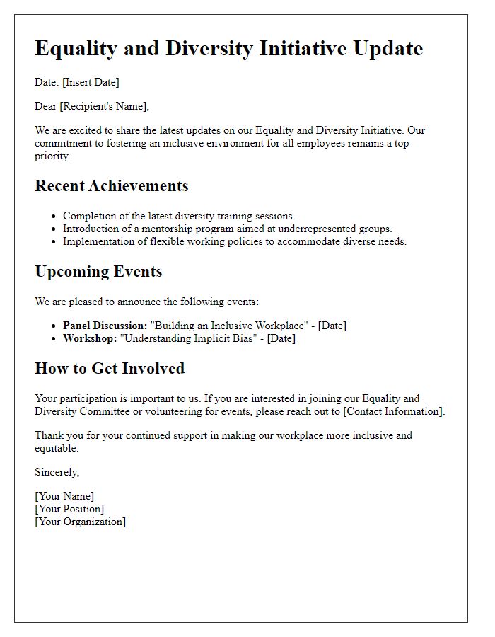 Letter template of equality and diversity initiative updates
