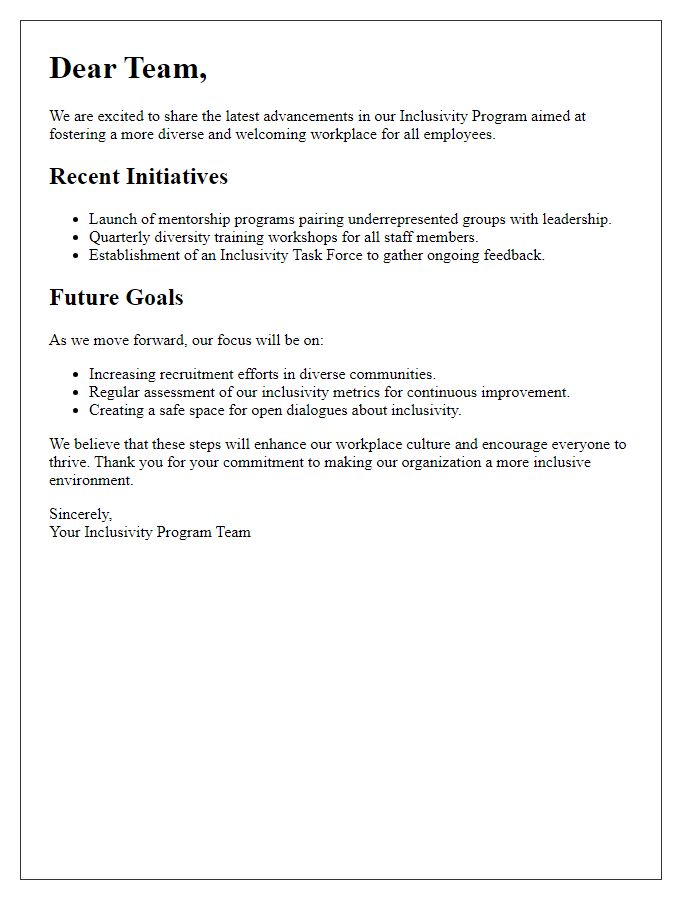 Letter template of inclusivity program advancements