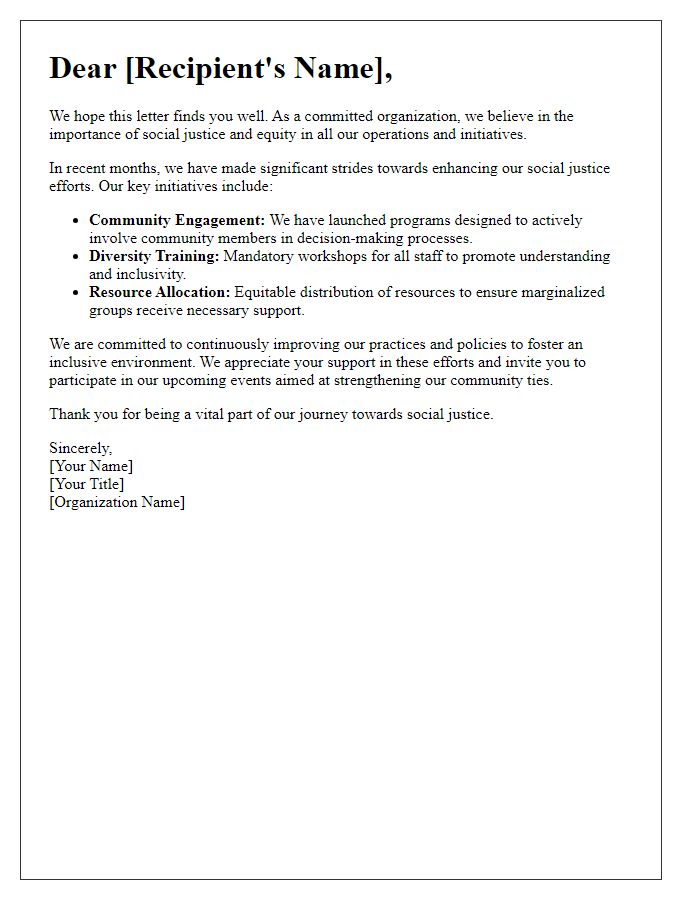 Letter template of social justice efforts in our organization