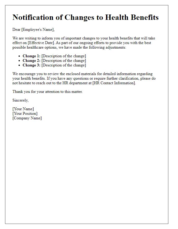 Letter template of health benefits changes notification