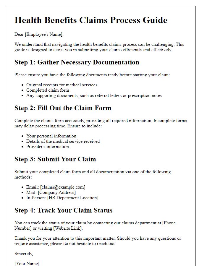 Letter template of health benefits claims process guide