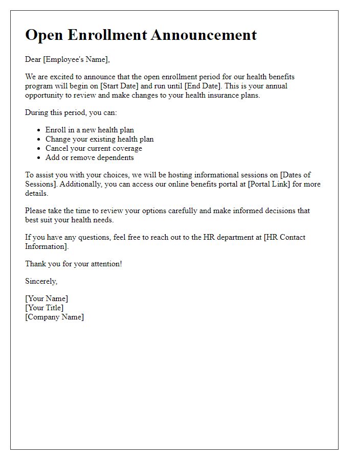 Letter template of health benefits open enrollment announcement