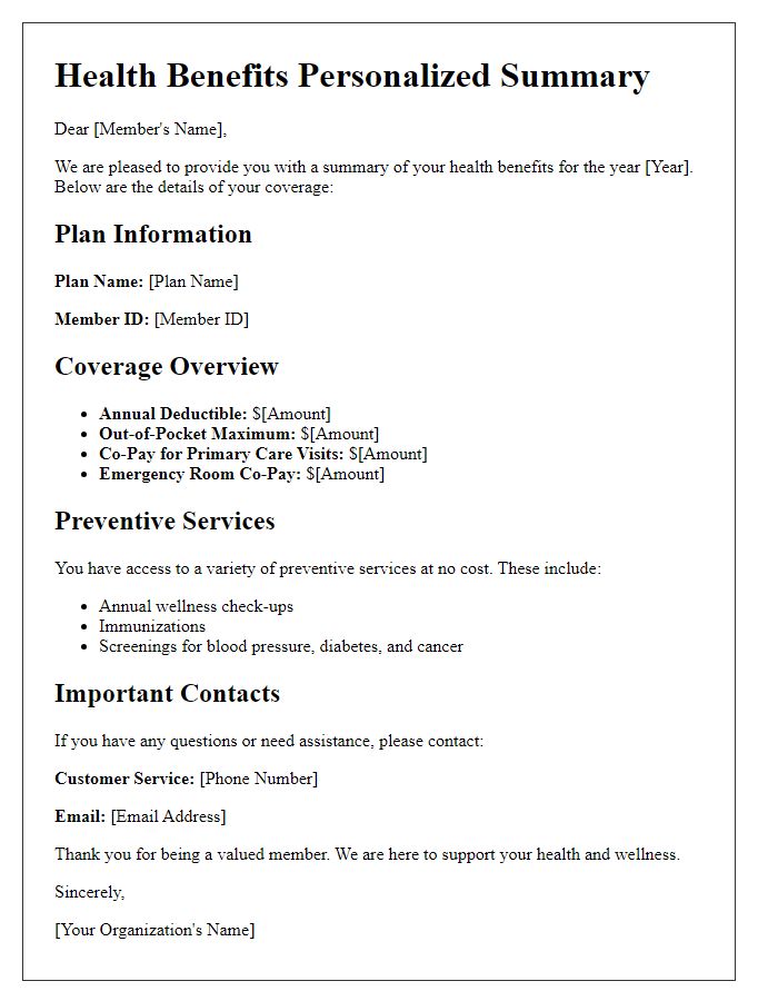 Letter template of health benefits personalized summary for members