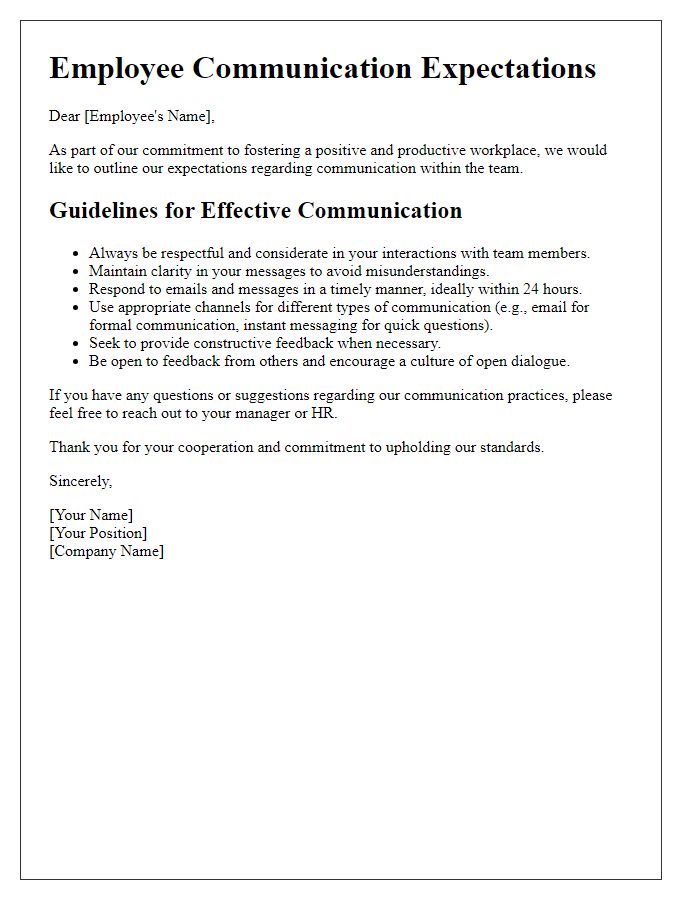 Letter template of employee communication expectations.