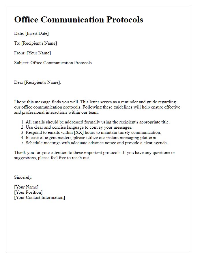 Letter template of office communication protocols.