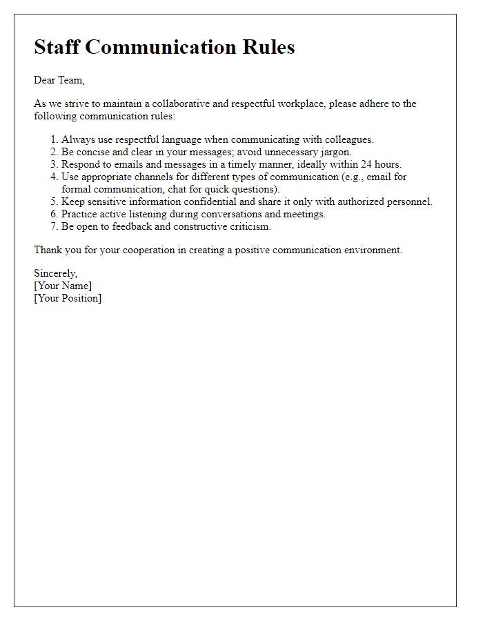 Letter template of staff communication rules.