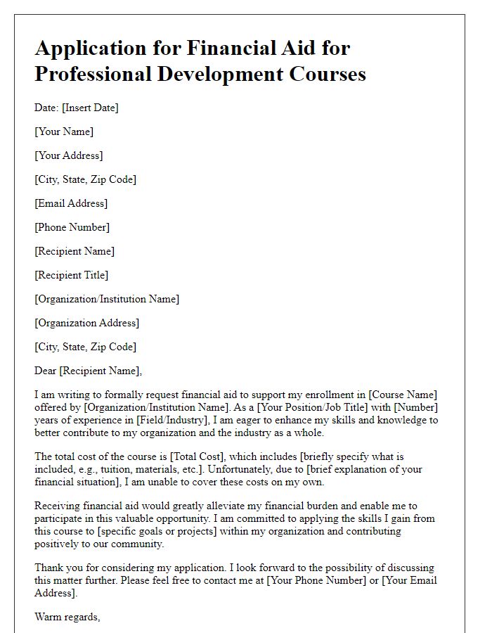 Letter template of application for financial aid for professional development courses