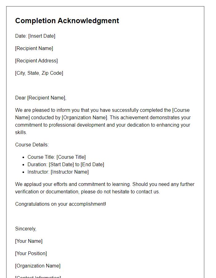 Letter template of completion acknowledgment for professional development courses