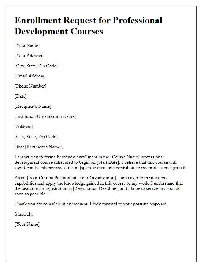 Letter template of enrollment request for professional development courses