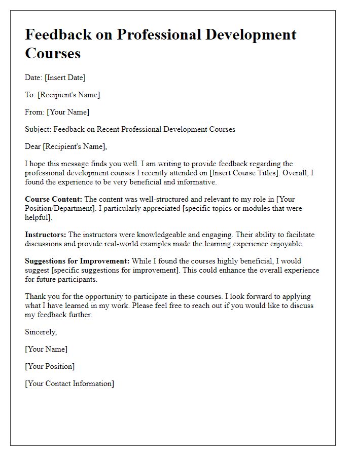 Letter template of feedback on professional development courses