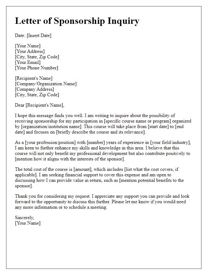 Letter template of sponsorship inquiry for professional development courses