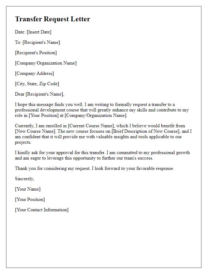 Letter template of transfer request for professional development courses