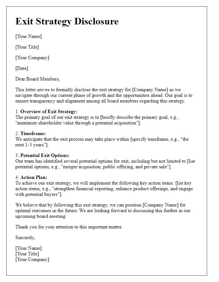 Letter template of exit strategy disclosure for board members