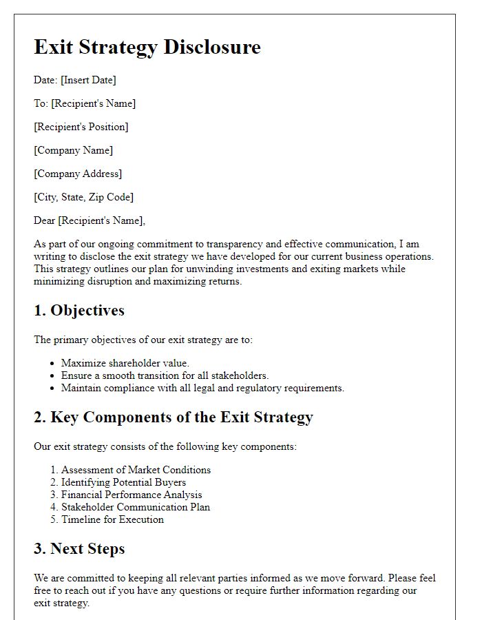 Letter template of exit strategy disclosure for business analysts