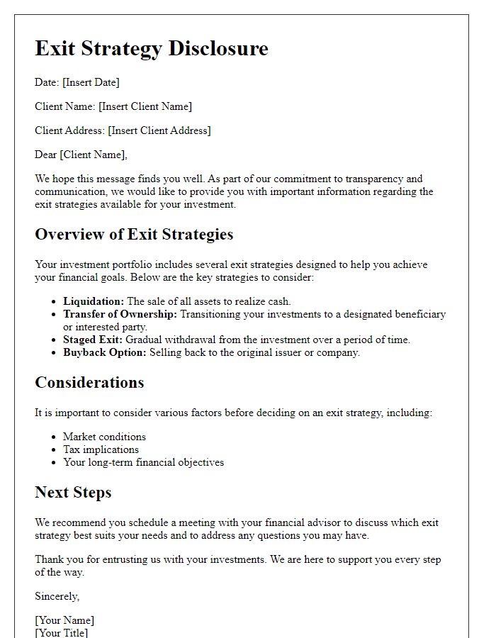 Letter template of exit strategy disclosure for clients