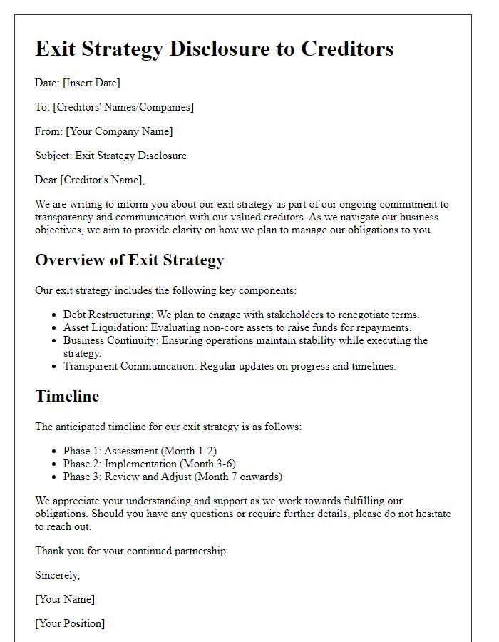 Letter template of exit strategy disclosure for creditors