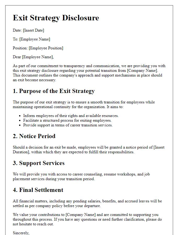 Letter template of exit strategy disclosure for employees