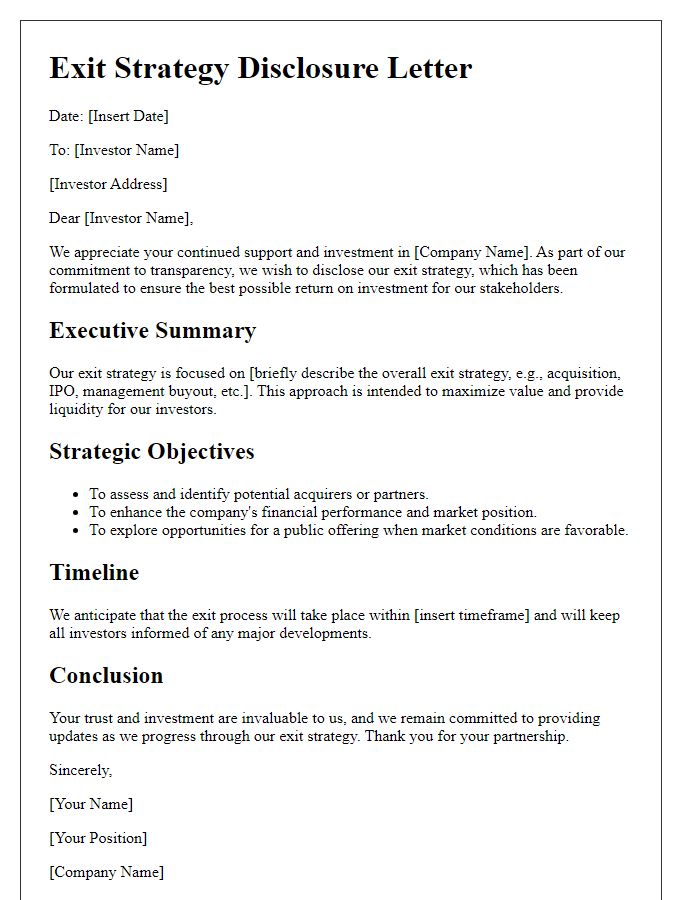 Letter template of exit strategy disclosure for investors