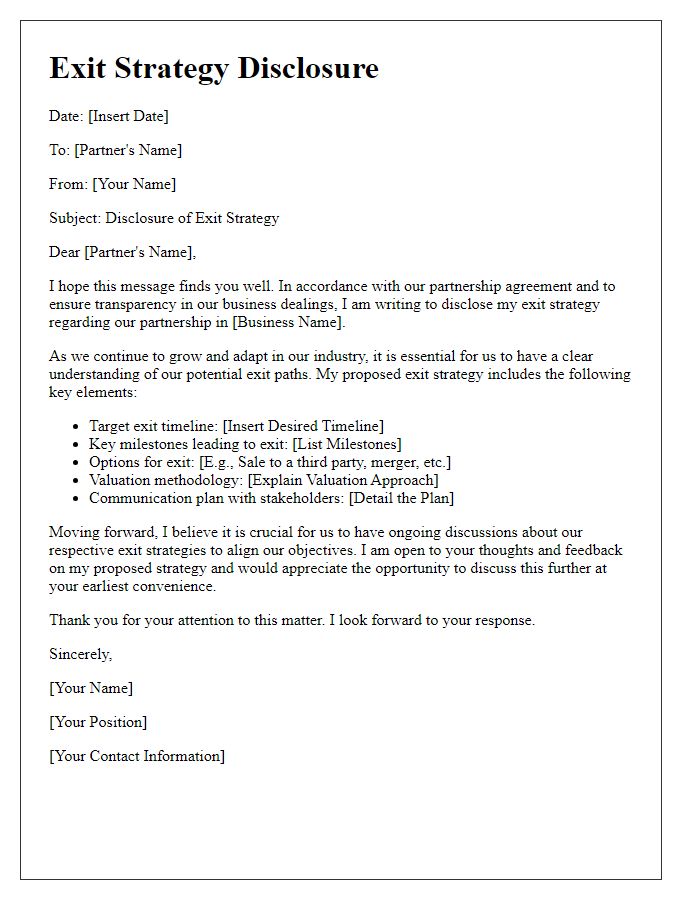 Letter template of exit strategy disclosure for partners