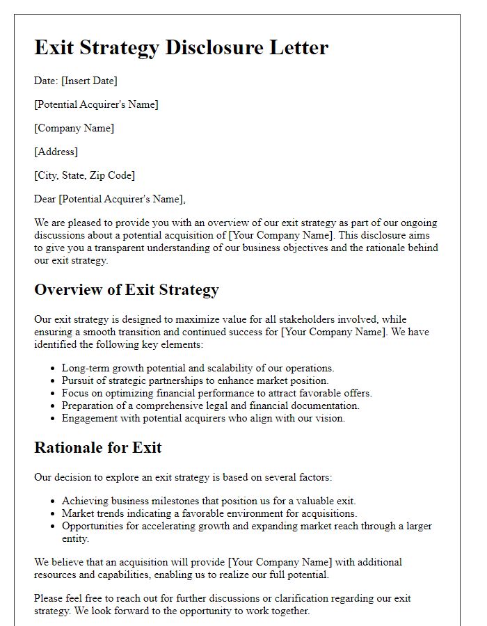 Letter template of exit strategy disclosure for potential acquirers