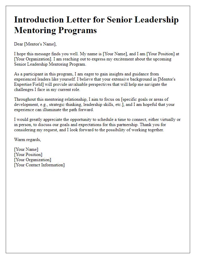 Letter template of introduction for senior leadership mentoring programs