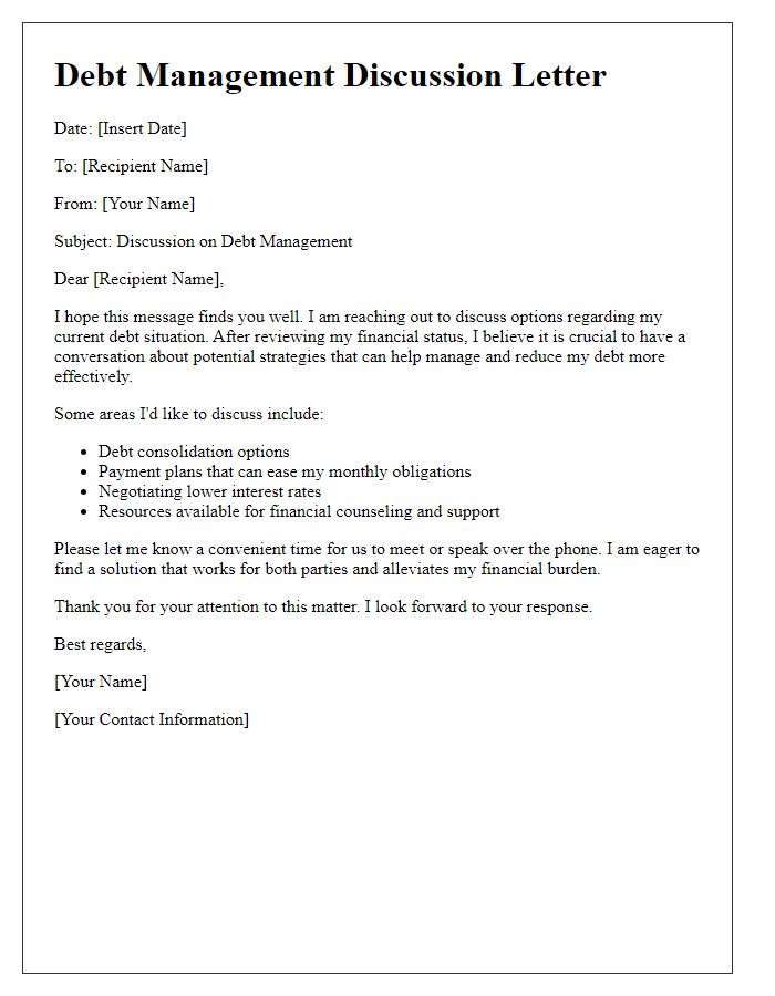 Letter template of debt management discussion