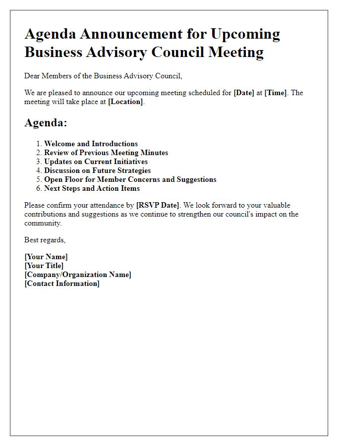 Letter template of agenda announcement for business advisory council meetings