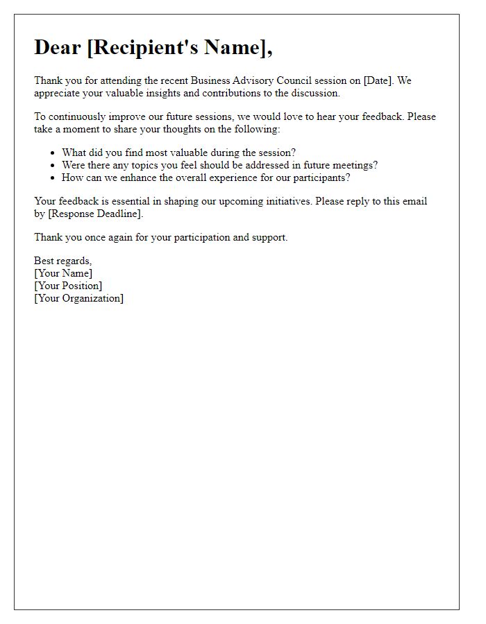 Letter template of feedback request after business advisory council sessions