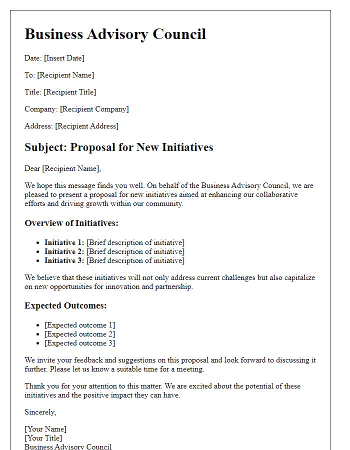 Letter template of proposal for new initiatives from the business advisory council